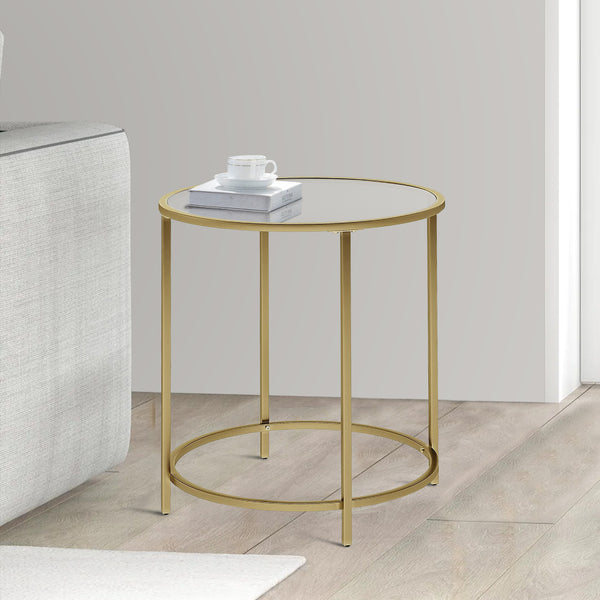 Kin 22 Inch End Table, Round Metal Frame, Tempered Glass Shelf, Gold - BM274787