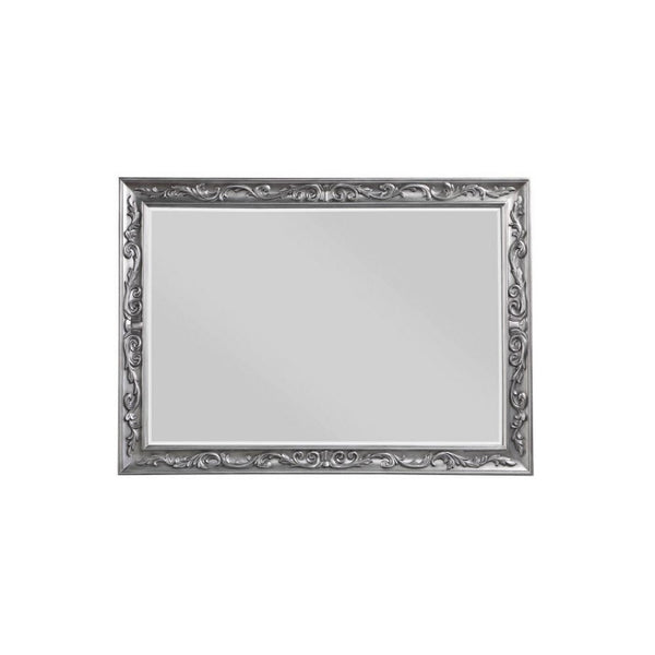 55 Inch Wood Mirror, Raised Scroll Floral Trim, Beveled, Silver - BM275045