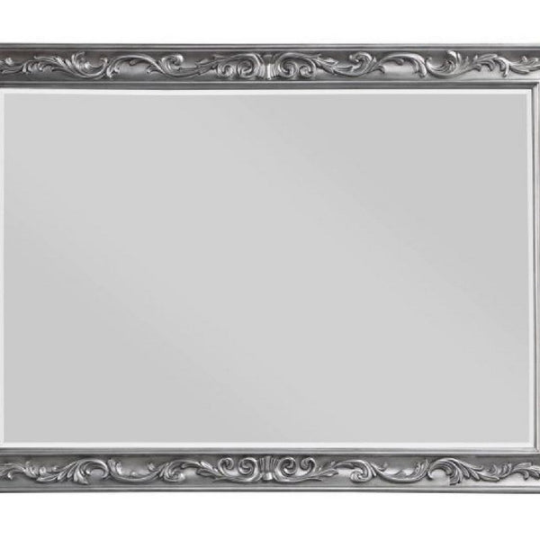 55 Inch Wood Mirror, Raised Scroll Floral Trim, Beveled, Silver - BM275045