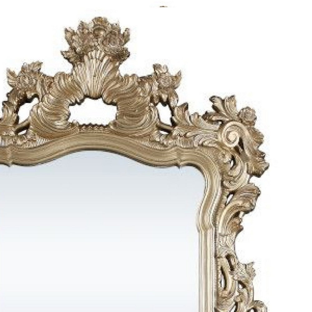 Benjara 56 Inch Wall Mirror, Ornate Carving, Champagne Gold