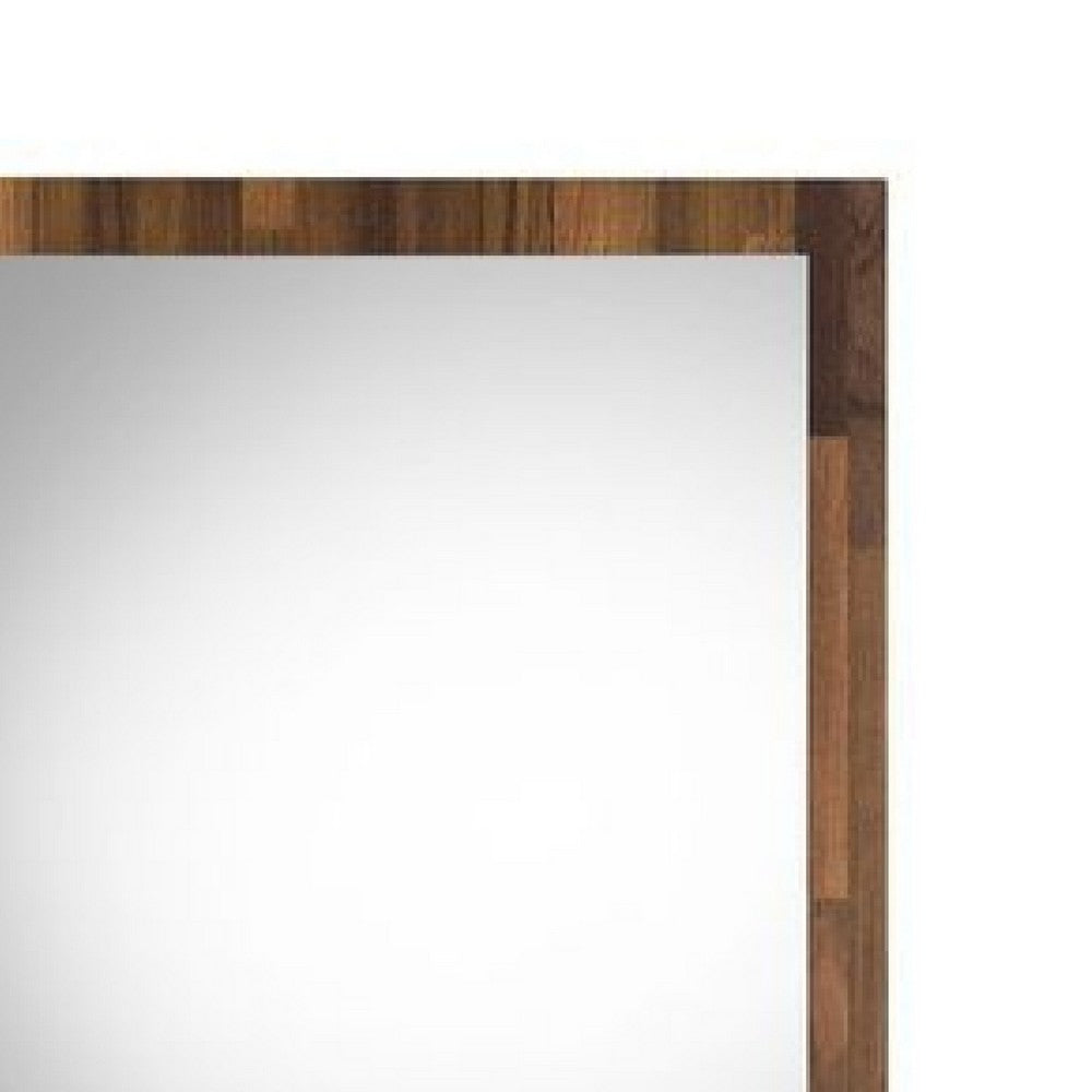 32 Inch Wall Mirror, Rectangular Portrait Plank Wood Frame, Walnut Brown - BM275052