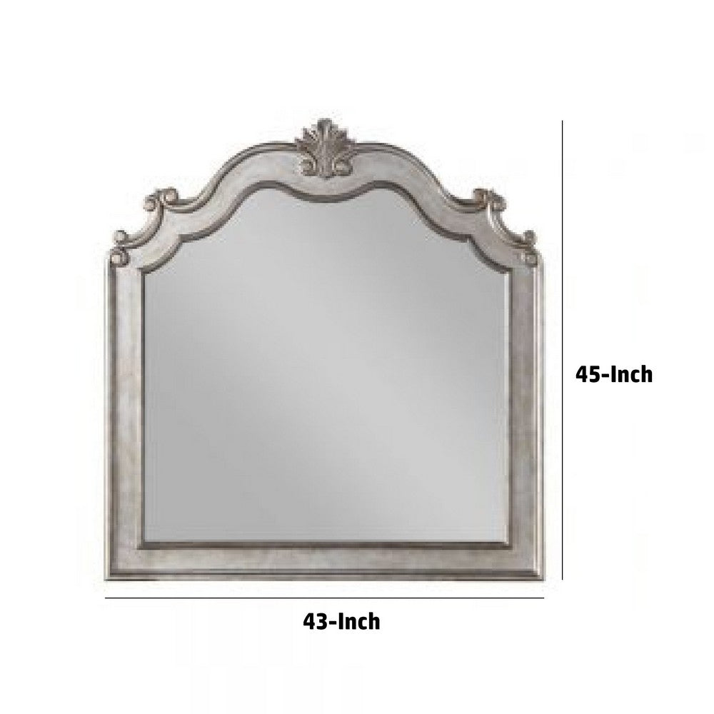 43 Inch Wood Mirror, Scalloped Crown Top, Poly Resin, Silver - BM275065