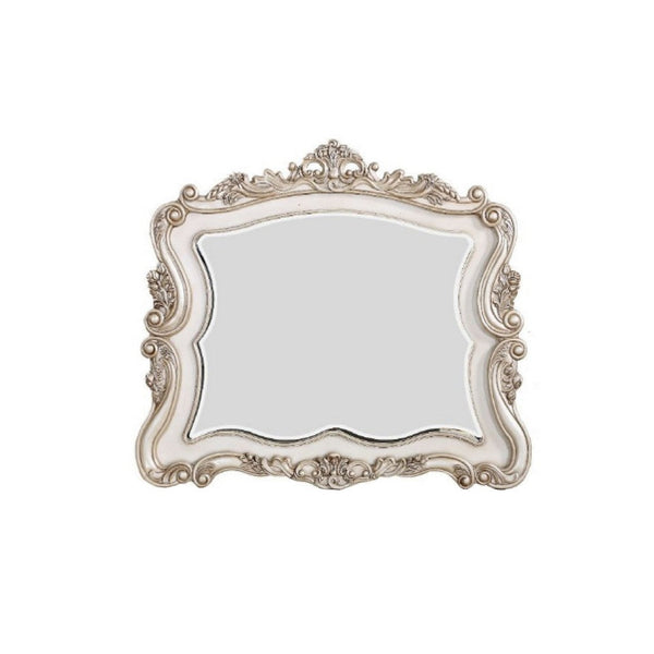 50 Inch Solid Wood Mirror, Scalloped, Scroll Ornate Trim, Antique White - BM275074