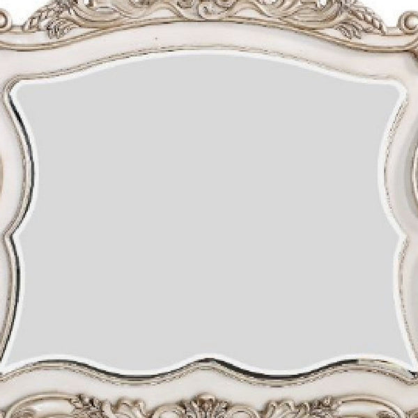 50 Inch Solid Wood Mirror, Scalloped, Scroll Ornate Trim, Antique White - BM275074