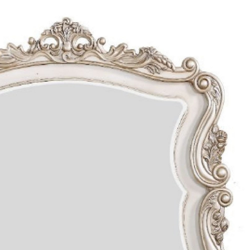 50 Inch Solid Wood Mirror, Scalloped, Scroll Ornate Trim, Antique White - BM275074