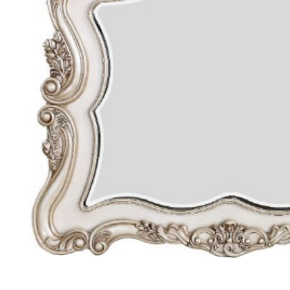 50 Inch Solid Wood Mirror, Scalloped, Scroll Ornate Trim, Antique White - BM275074