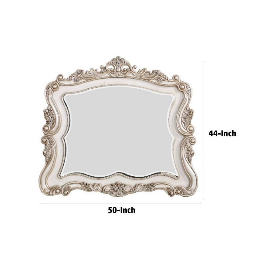 50 Inch Solid Wood Mirror, Scalloped, Scroll Ornate Trim, Antique White - BM275074