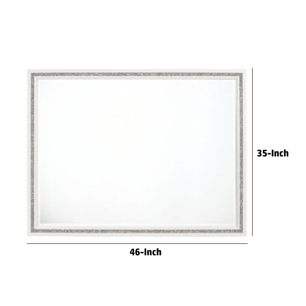 46 Inch Solid Wood Mirror, Shimmering Silver Accent, Landscape, White - BM275076