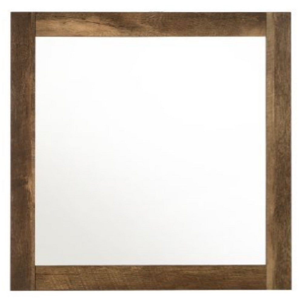 35 Inch Solid Wood Mirror, Square, Rustic Oak Brown - BM275078