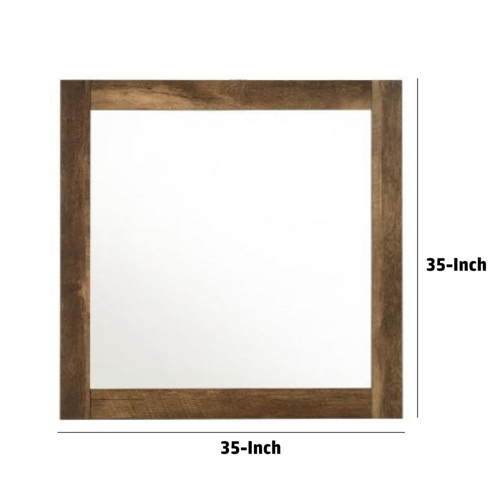 35 Inch Solid Wood Mirror, Square, Rustic Oak Brown - BM275078