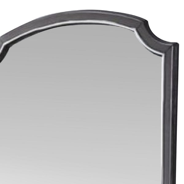 39 Inch Wood Mirror, Scooped Corners, Silver Trim, Charcoal Gray - BM275083