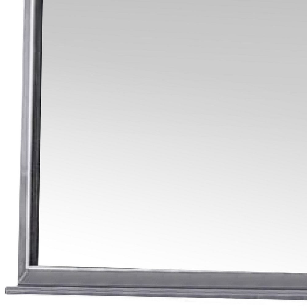 39 Inch Wood Mirror, Scooped Corners, Silver Trim, Charcoal Gray - BM275083