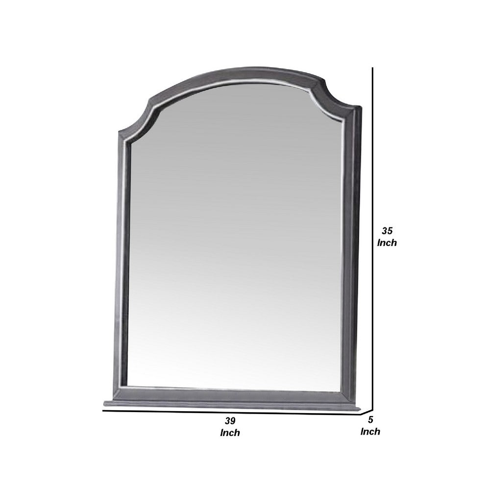 39 Inch Wood Mirror, Scooped Corners, Silver Trim, Charcoal Gray - BM275083