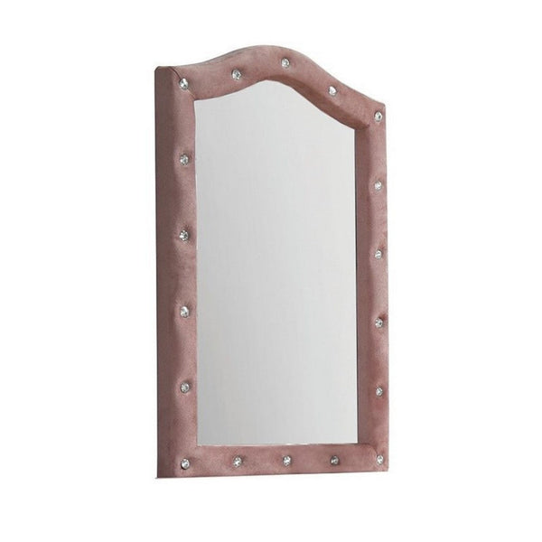 22 Inch Contemporary Upholstered Mirror, Crystal Tufting, Arched Top, Pink - BM275086