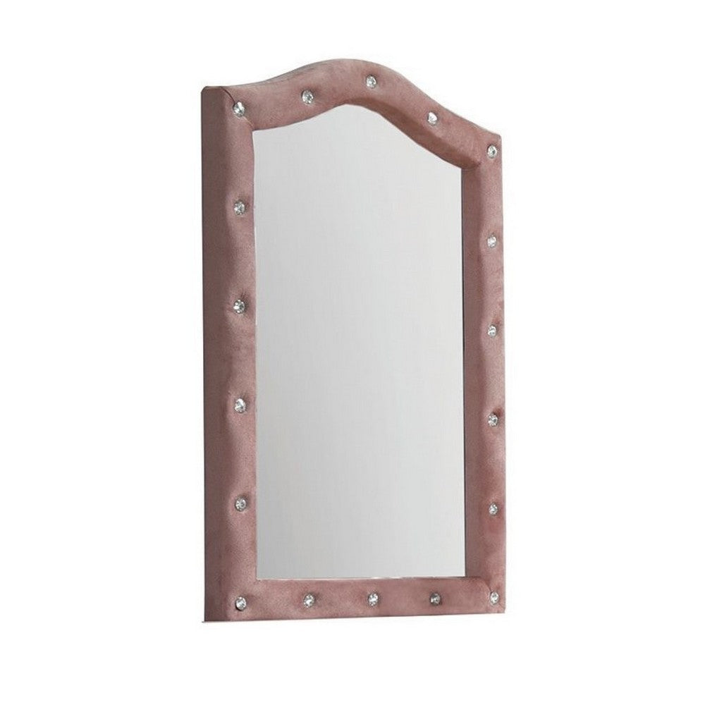 22 Inch Contemporary Upholstered Mirror, Crystal Tufting, Arched Top, Pink - BM275086