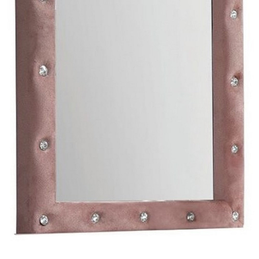 22 Inch Contemporary Upholstered Mirror, Crystal Tufting, Arched Top, Pink - BM275086