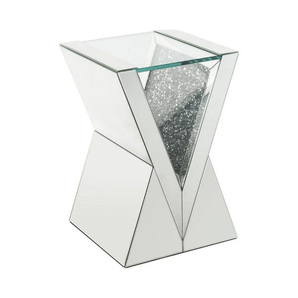 Noe 24 Inch Mirrored End Table, V Pedestal Base, Faux Diamond, Silver - BM275091