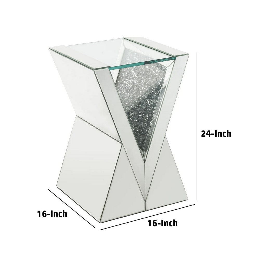 Noe 24 Inch Mirrored End Table, V Pedestal Base, Faux Diamond, Silver - BM275091