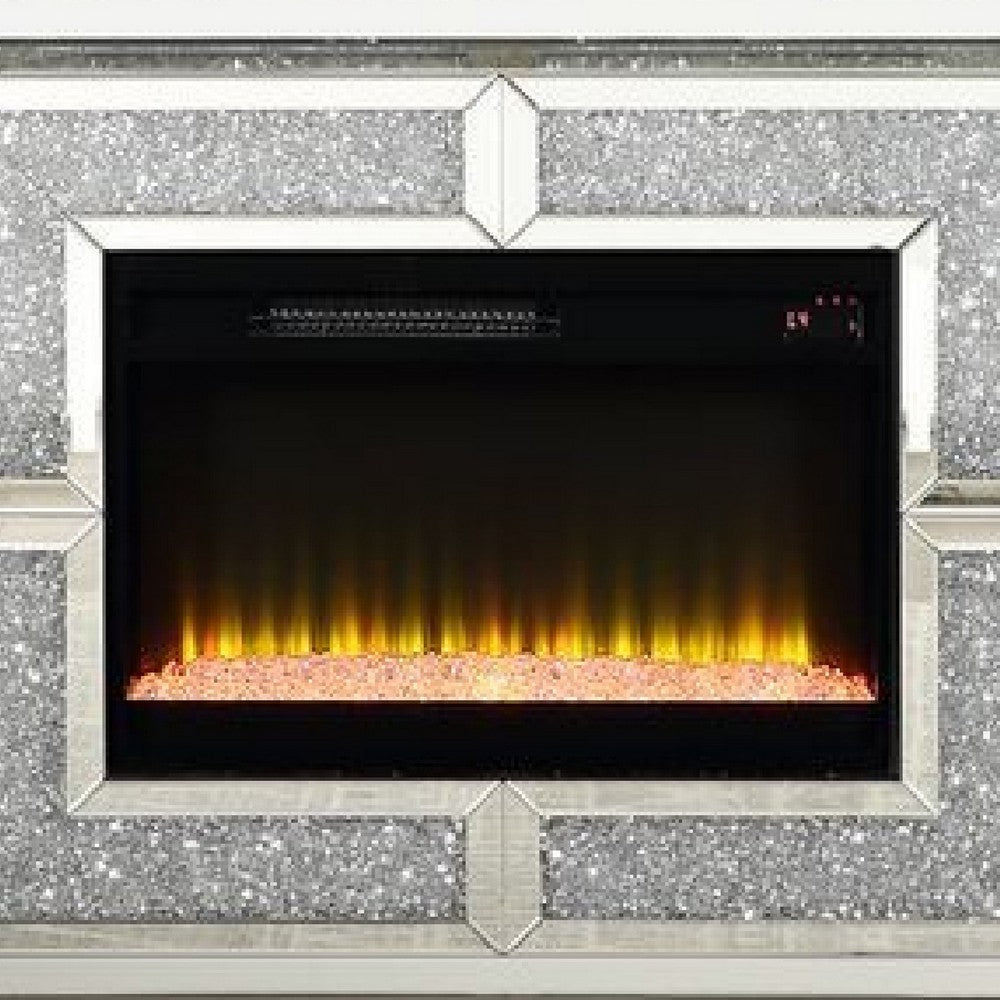 Noe 41 Inch Mirrored LED Electric Fireplace, Remote, Faux Diamond, Silver - BM275475