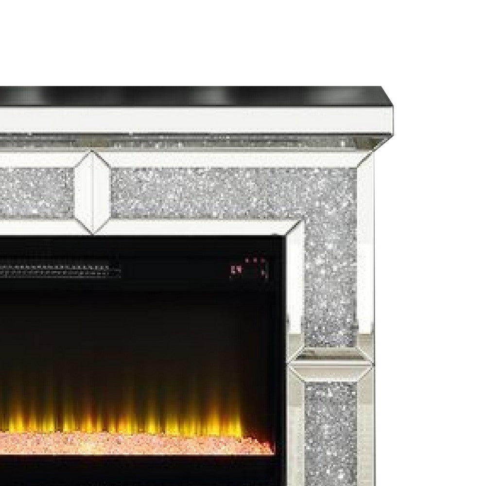 Noe 41 Inch Mirrored LED Electric Fireplace, Remote, Faux Diamond, Silver - BM275475