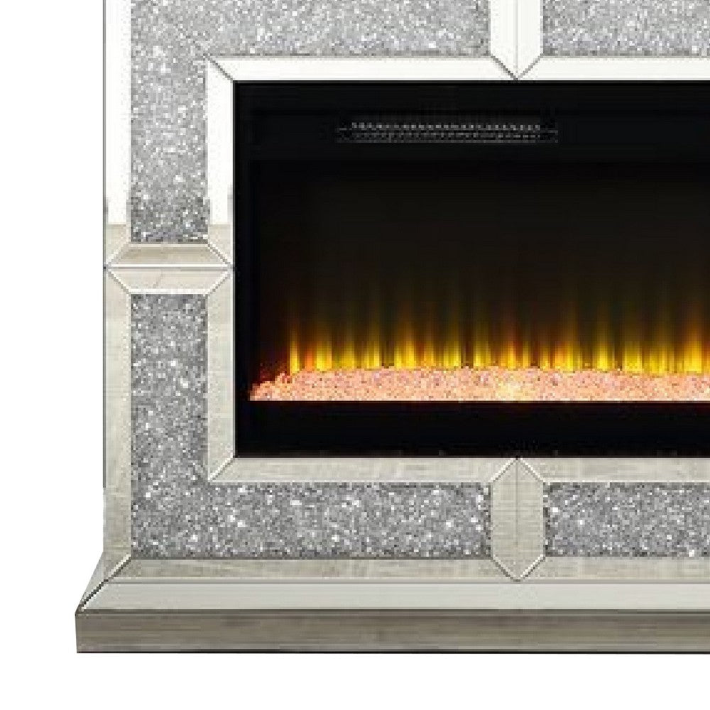 Noe 41 Inch Mirrored LED Electric Fireplace, Remote, Faux Diamond, Silver - BM275475