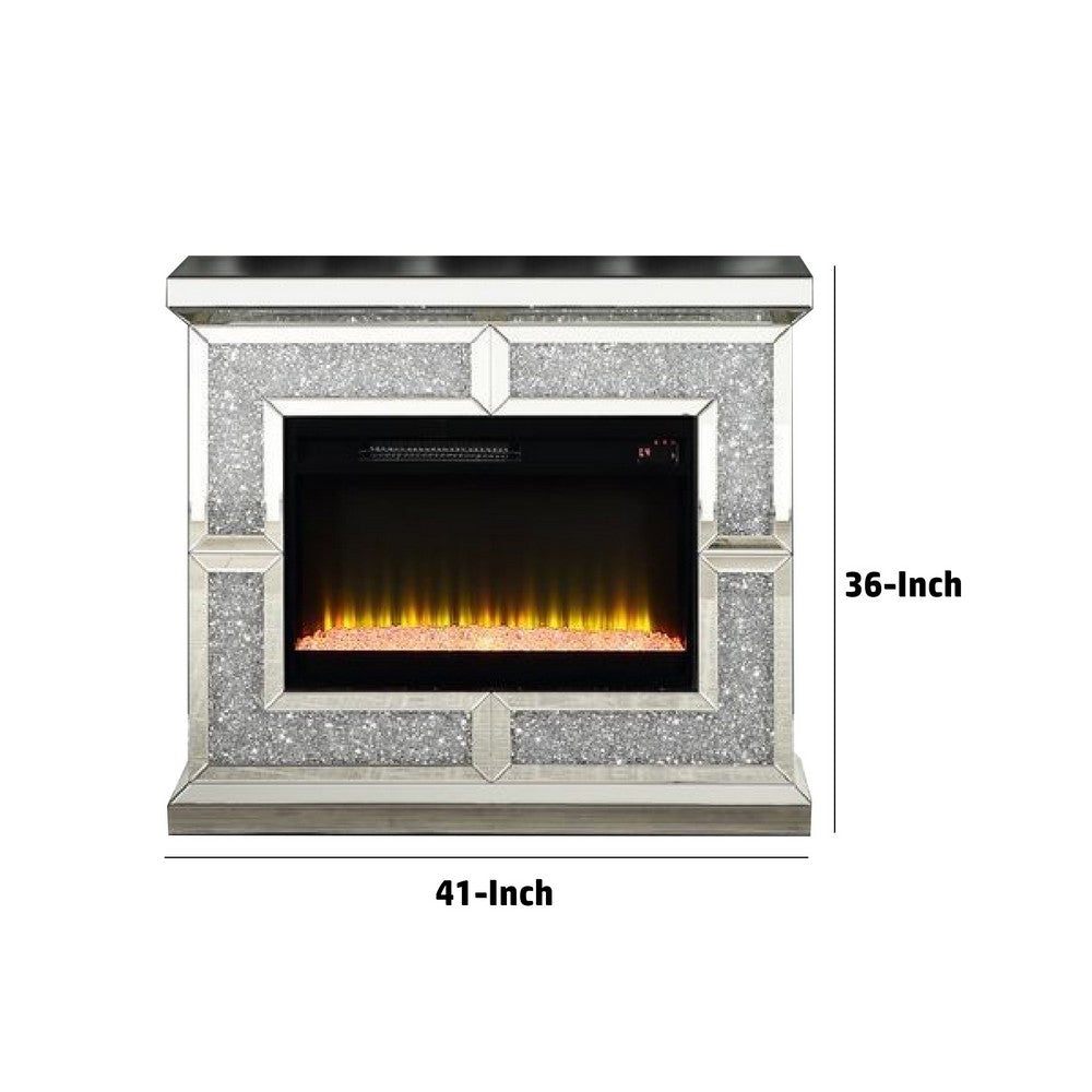 Noe 41 Inch Mirrored LED Electric Fireplace, Remote, Faux Diamond, Silver - BM275475