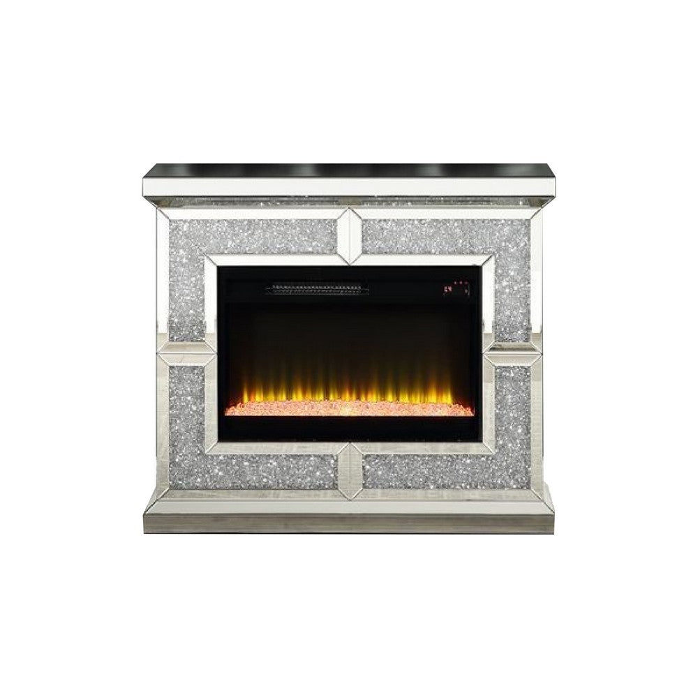 Noe 41 Inch Mirrored LED Electric Fireplace, Remote, Faux Diamond, Silver - BM275475