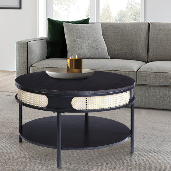 Bert 32 Inch Round Coffee Table, Rattan Apron Accent, Metal Legs, Black - BM275487