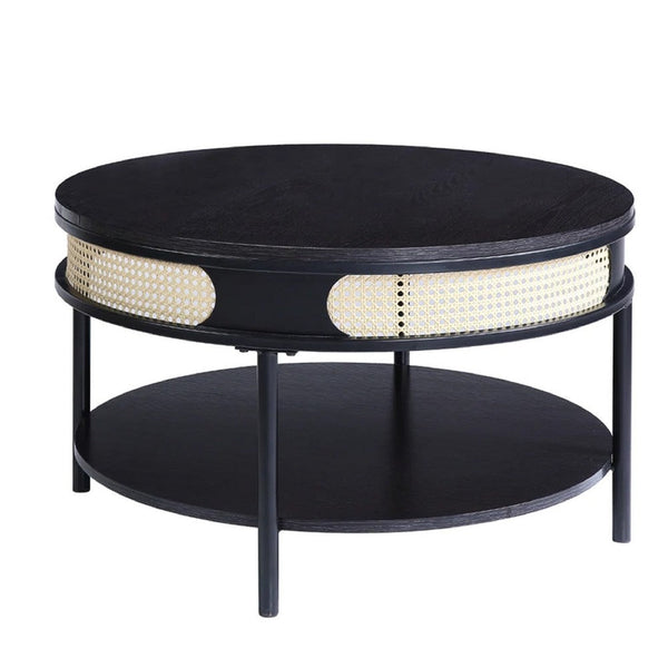 Bert 32 Inch Round Coffee Table, Rattan Apron Accent, Metal Legs, Black - BM275487