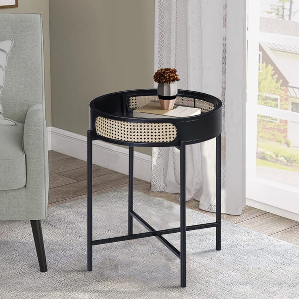 Bert 24 Inch Round End Table, Rattan Apron Accent, Metal Legs, Black - BM275488