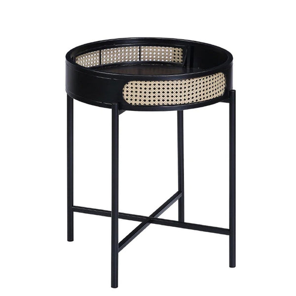 Bert 24 Inch Round End Table, Rattan Apron Accent, Metal Legs, Black - BM275488