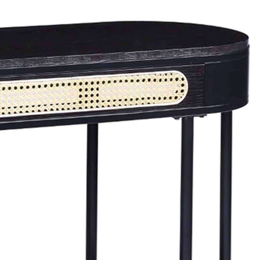Bert 47 Inch Oblong Console Table, Rattan Apron Accent, Metal Legs, Black - BM275489