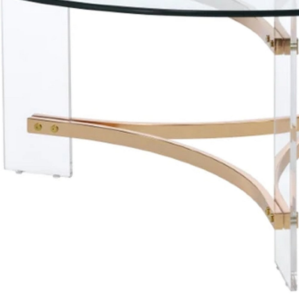 Hale 41 Inch Round Coffee Table, Glass Top, Acrylic Legs, Clear, Gold - BM275491