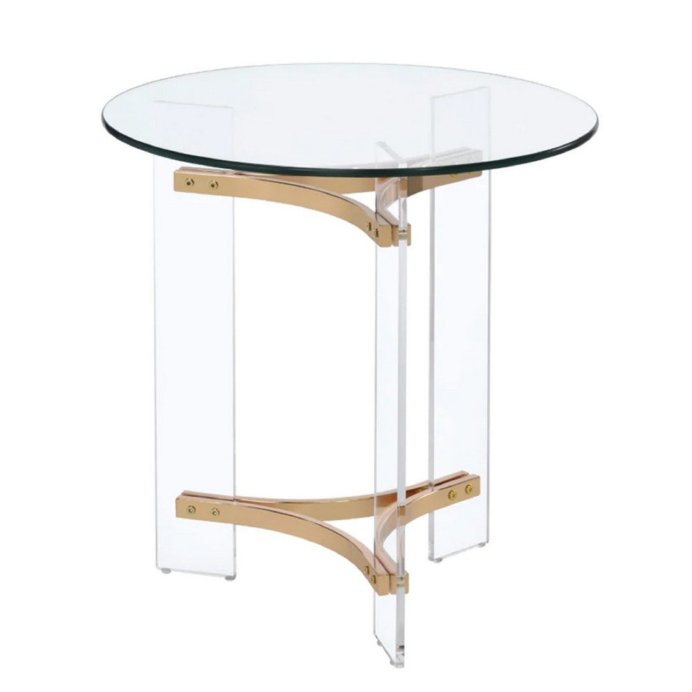 Hale 23 Inch Round End Table, Glass Top, Acrylic Legs, Clear, Gold - BM275492