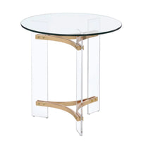 Hale 23 Inch Round End Table, Glass Top, Acrylic Legs, Clear, Gold - BM275492