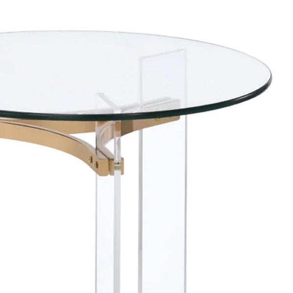 Hale 23 Inch Round End Table, Glass Top, Acrylic Legs, Clear, Gold - BM275492