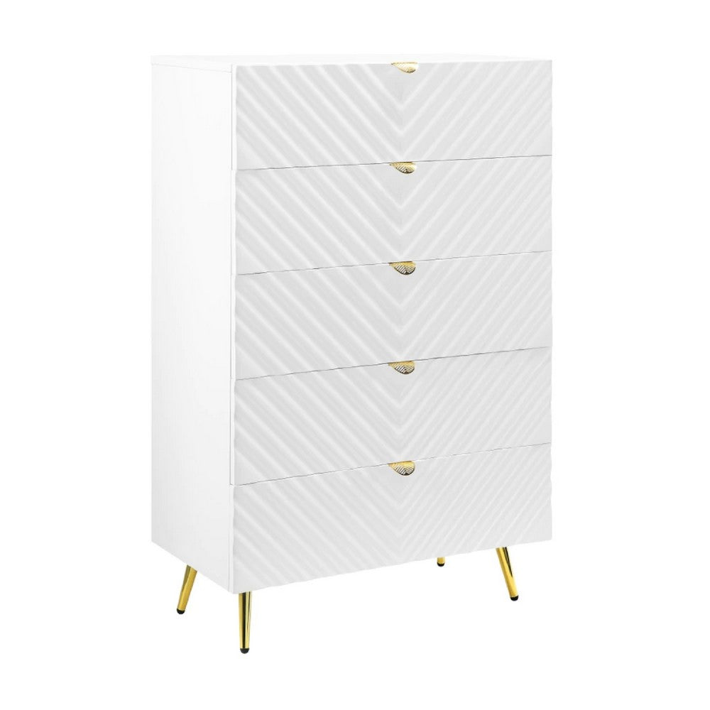 Tyra 49 Inch Wood Tall Dresser Chest, Wavy Design, Gold Metal Legs, White - BM275525