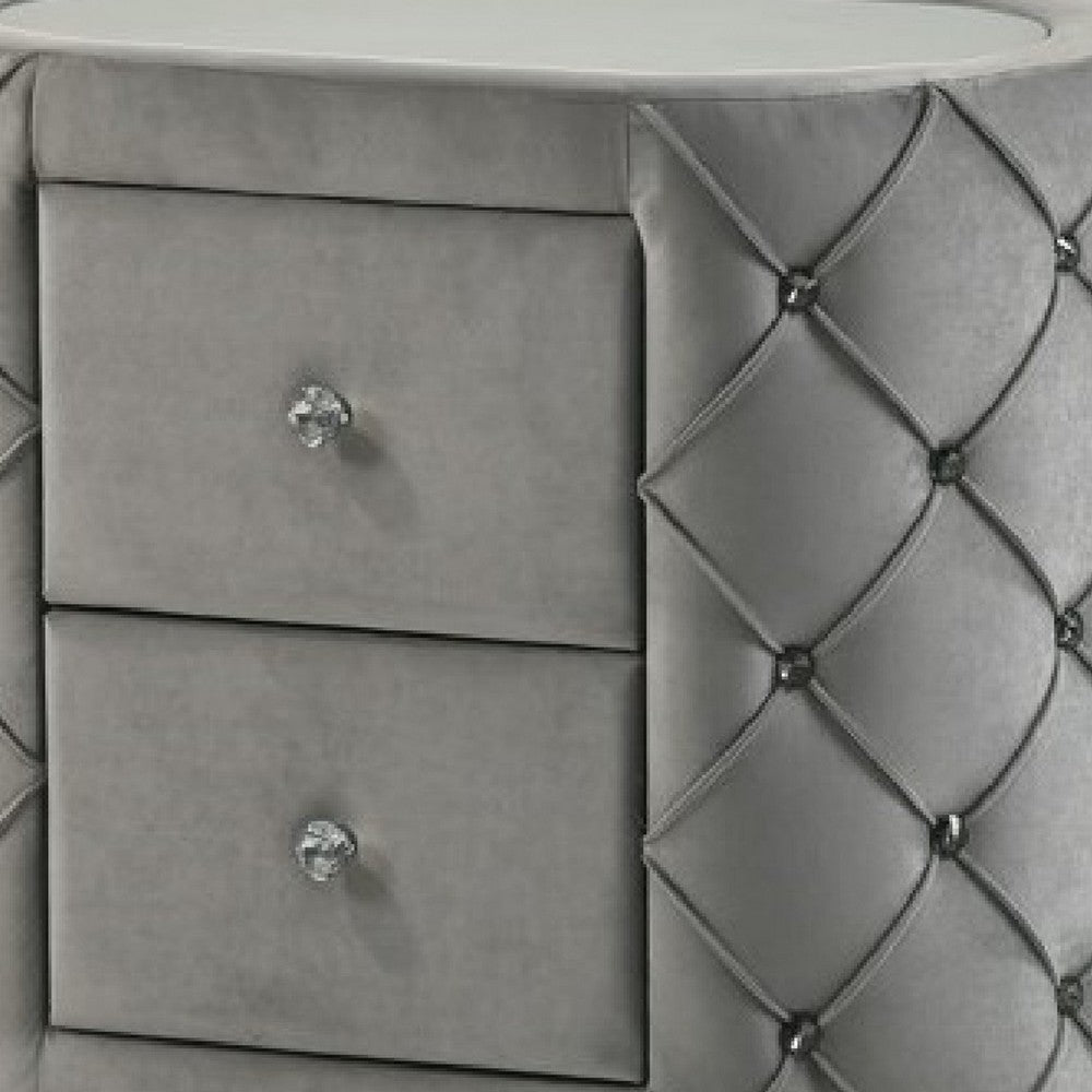 Jill 29 Inch Oval Nightstand, Tufted Velvet Upholstery, 2 Drawers, Grey - BM275530