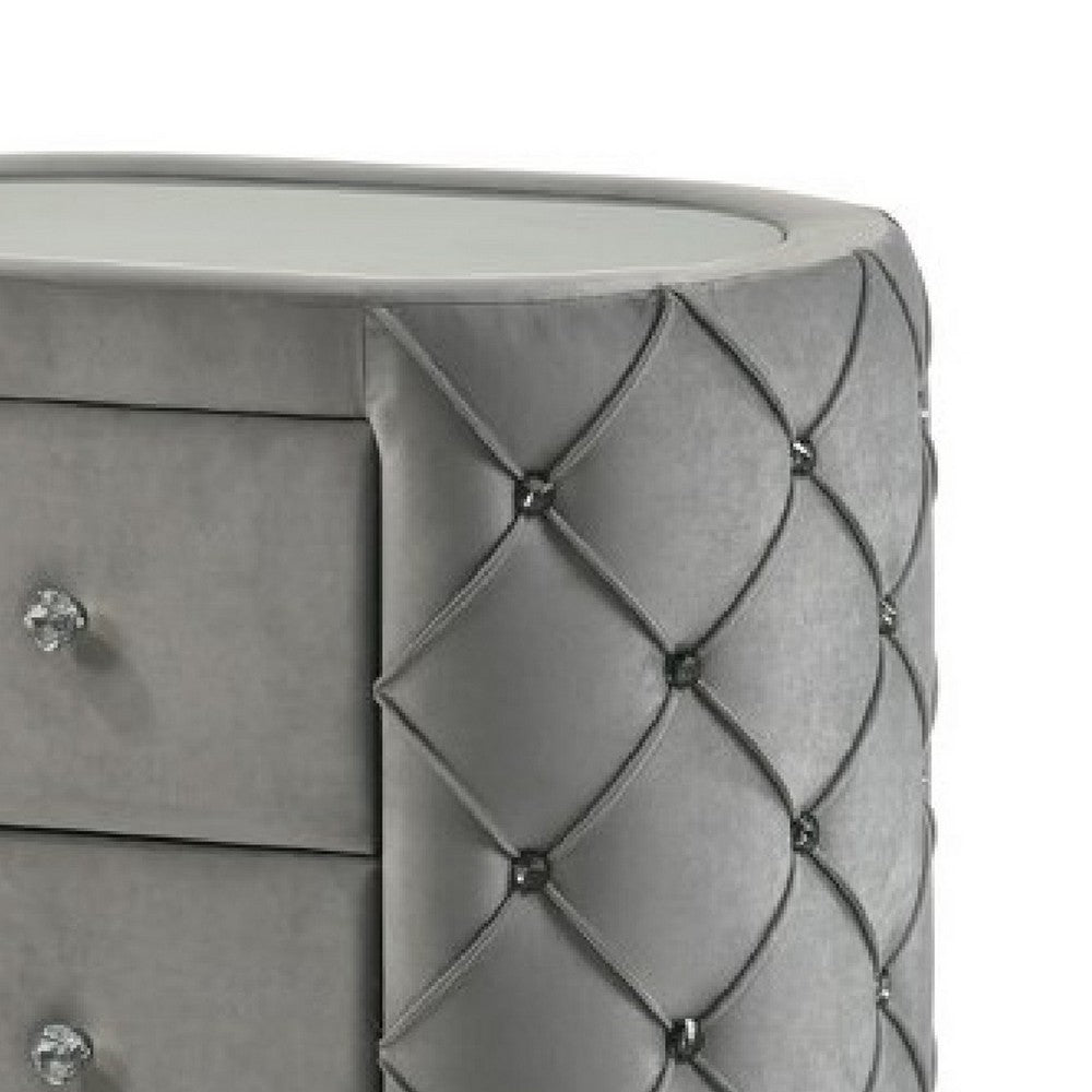 Jill 29 Inch Oval Nightstand, Tufted Velvet Upholstery, 2 Drawers, Grey - BM275530