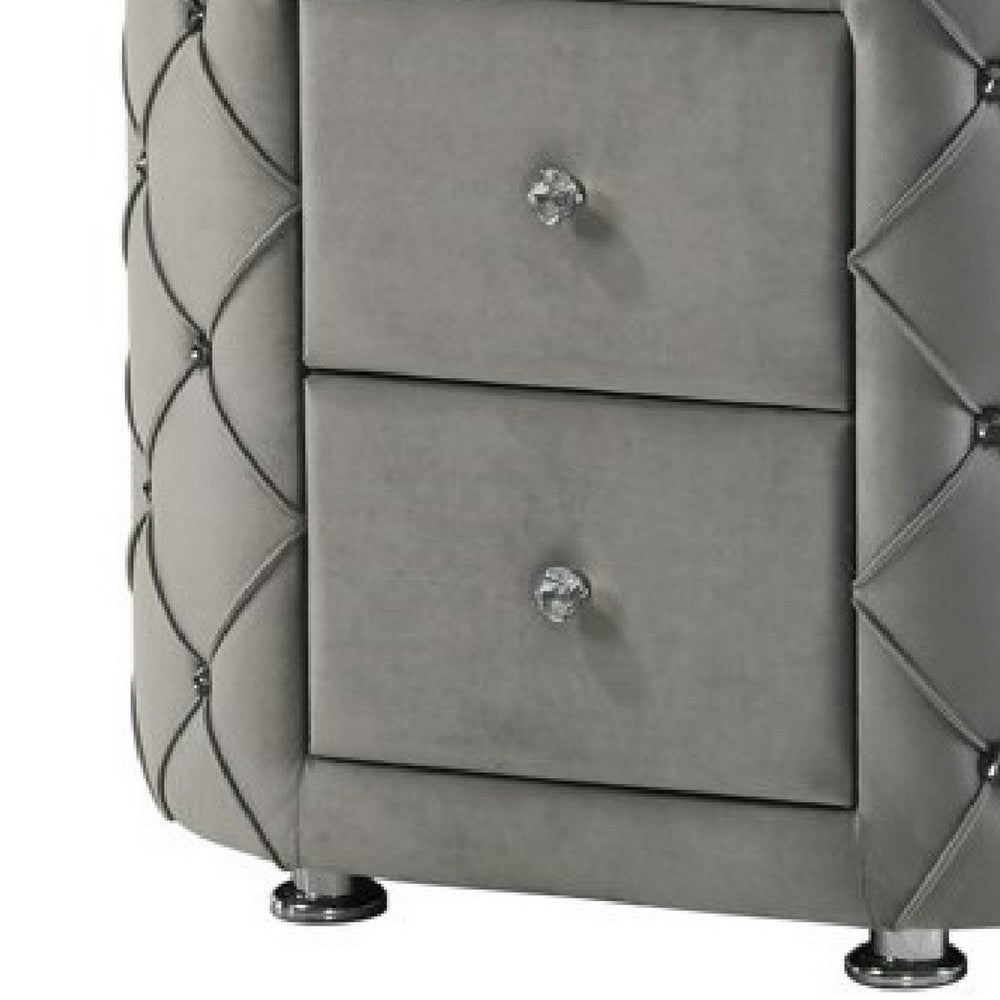 Jill 29 Inch Oval Nightstand, Tufted Velvet Upholstery, 2 Drawers, Grey - BM275530