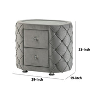 Jill 29 Inch Oval Nightstand, Tufted Velvet Upholstery, 2 Drawers, Grey - BM275530