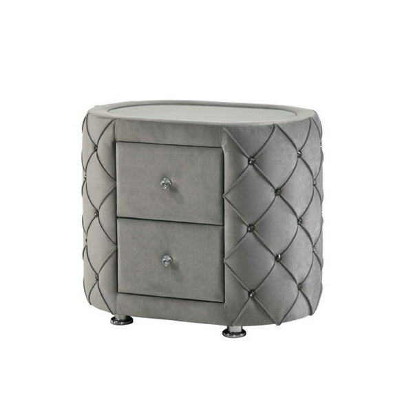 Jill 29 Inch Oval Nightstand, Tufted Velvet Upholstery, 2 Drawers, Grey - BM275530