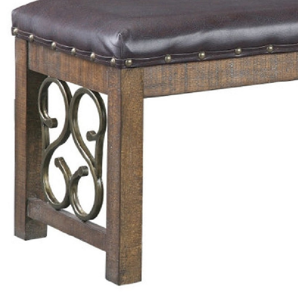 Ral 56 Inch Solid Wood Padded Bench, Metal Scroll Design, Nailhead, Brown - BM275678