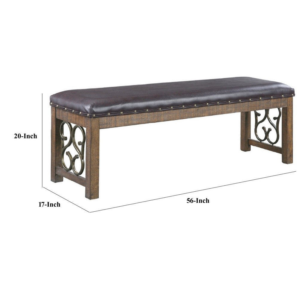 Ral 56 Inch Solid Wood Padded Bench, Metal Scroll Design, Nailhead, Brown - BM275678