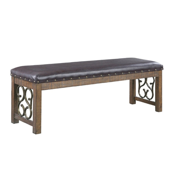 Ral 56 Inch Solid Wood Padded Bench, Metal Scroll Design, Nailhead, Brown - BM275678
