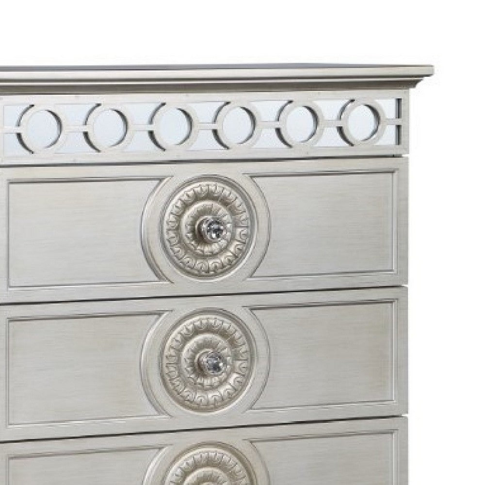 silver dresser chest Benjara Nic 54 Inch Modern Tall Dresser Chest, 5 Drawers, Round Knobs, Silver