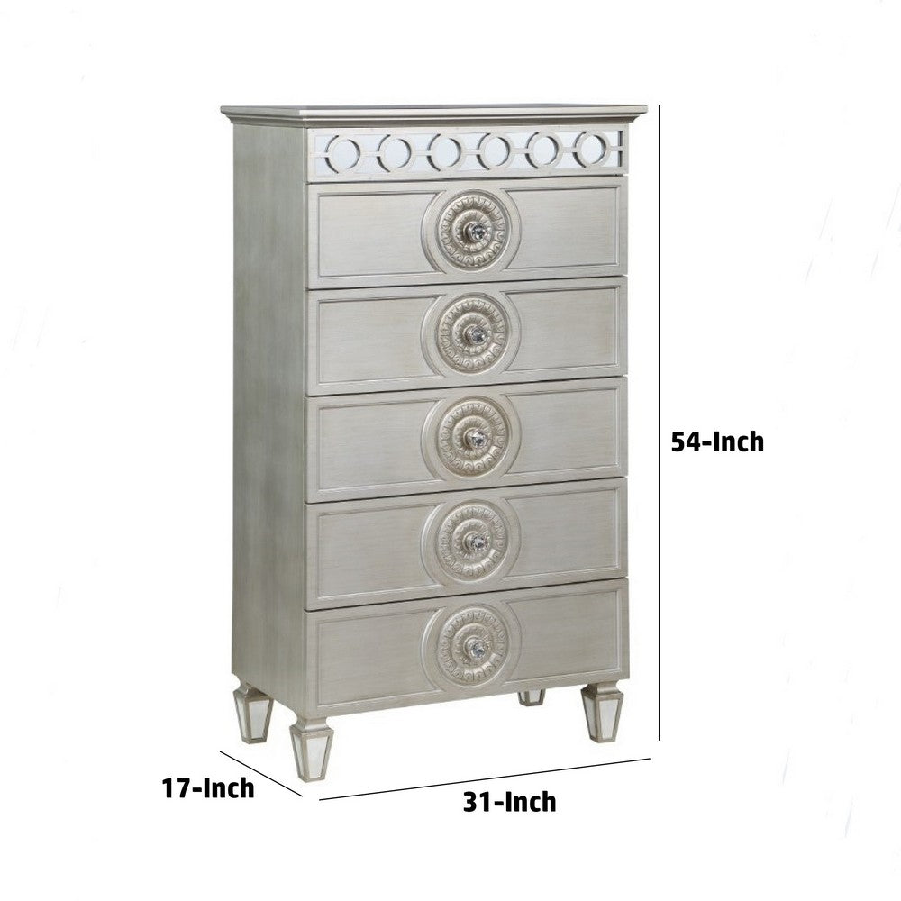 Benjara Nic 54 Inch Modern Tall Dresser Chest, 5 Drawers, Round Knobs, Silver Benjara Nic 54 Inch Modern Tall Dresser Chest, 5 Drawers, Round Knobs, Silver