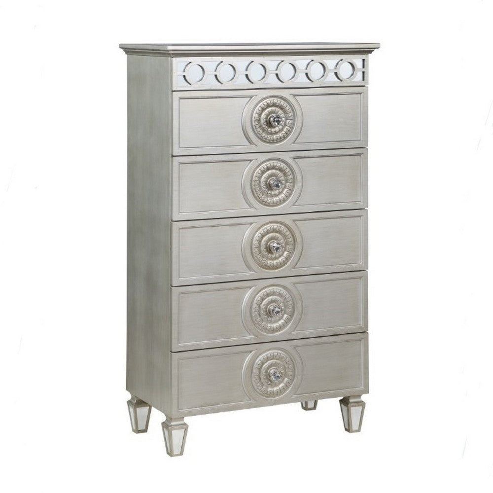 Benjara Nic 54 Inch Modern Tall Dresser Chest, 5 Drawers, Round Knobs, Silver - BM275684|Benzara.com Benjara Nic 54 Inch Modern Tall Dresser Chest, 5 Drawers, Round Knobs, Silver - BM275684|Benzara.com