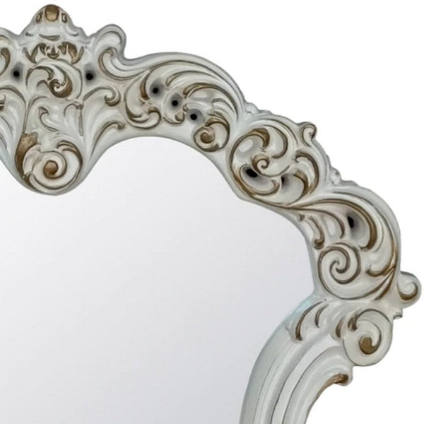 Jess 47 Inch Classic Mirror, Beveled Scrolled Carved Trim, Wood, White - BM275699