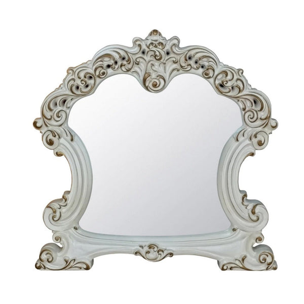 Jess 47 Inch Classic Mirror, Beveled Scrolled Carved Trim, Wood, White - BM275699